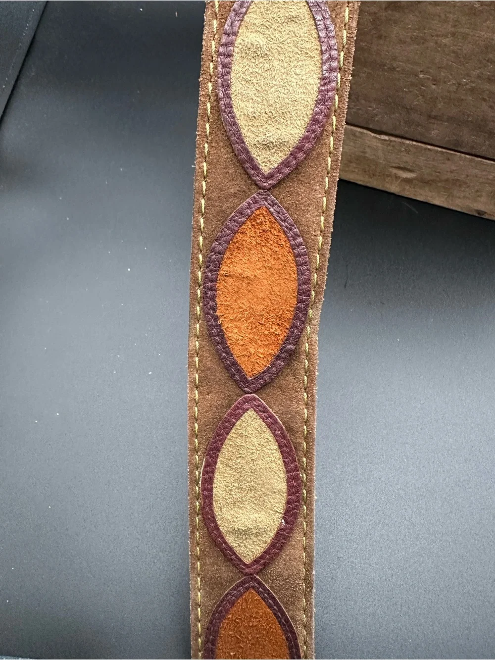 Harness House Vintage Suede Belt – Size 38, Mixed Leather Appliqué, EUC